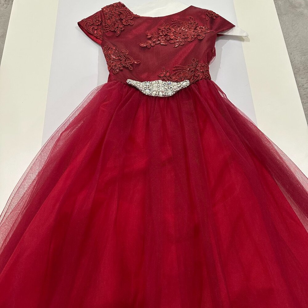 Embroidery, Glitter Mesh Dress With Sash, Burgundy, Size 12